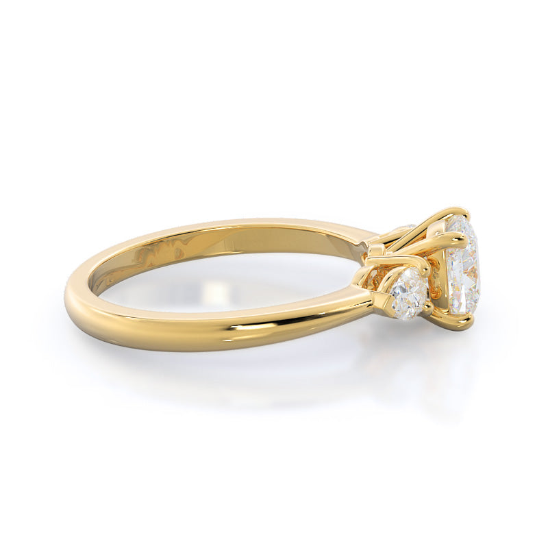 Three Stone Pear Engagement Ring with Cushion Cut Diamond in 14KT Yellow Gold view 3

