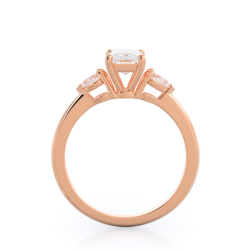 Three Stone Pear Engagement Ring with Emerald Cut Diamond in 14KT Rose Gold view 2

