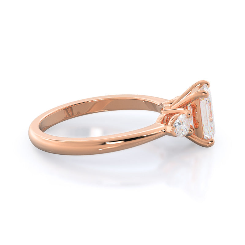 Three Stone Pear Engagement Ring with Emerald Cut Diamond in 14KT Rose Gold view 3
