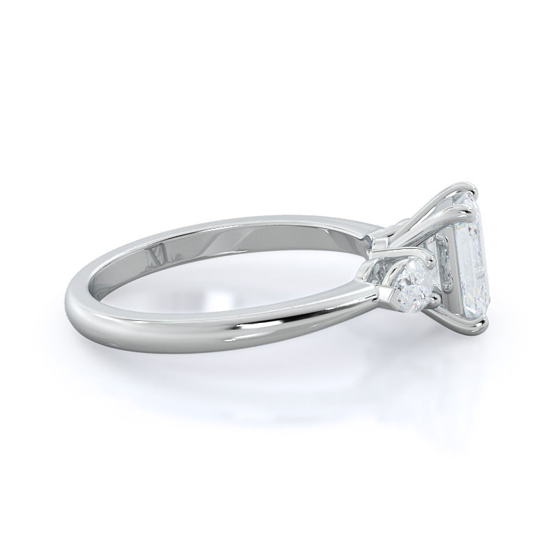 Three Stone Pear Engagement Ring with Emerald Cut Diamond in 14KT Platinum view 3
