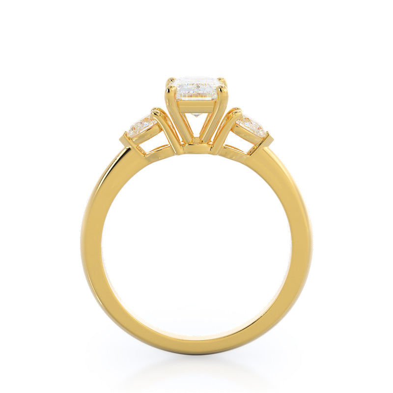 Emerald Cut Three Stone Pear Engagement Ring with Lab Grown Diamond in 14KT Yellow Gold view 2

