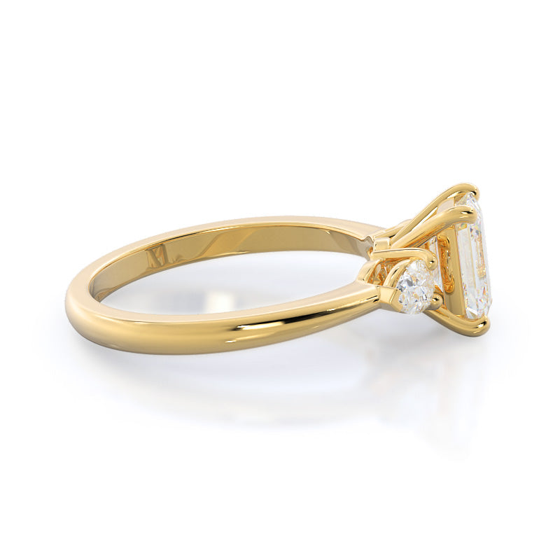 Three Stone Pear Engagement Ring with Emerald Cut Diamond in 14KT Yellow Gold view 3
