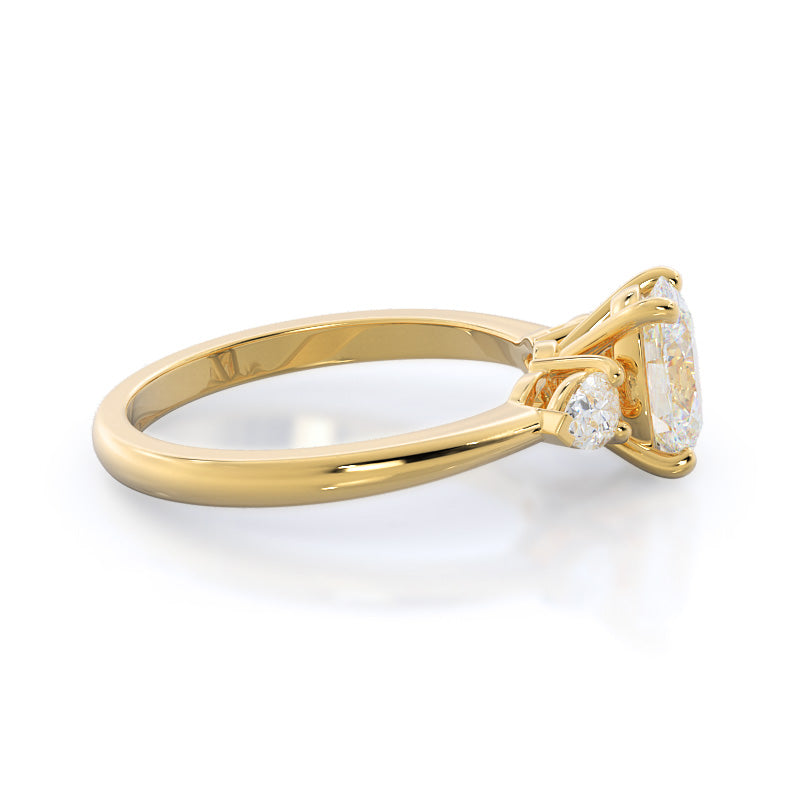 Three Stone Pear Engagement Ring with Oval Cut Diamond in 14KT Yellow Gold view 3

