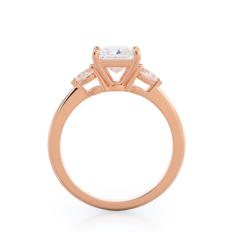 Three Stone Pear Engagement Ring with Princess Cut Diamond in 14KT Rose Gold view 2
