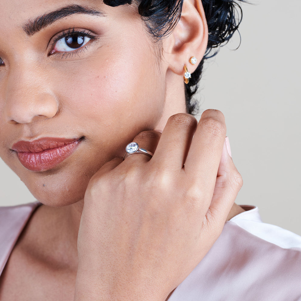 Model Wearing Bezel Solitaire Engagement Ring with Lab Grown Diamond view