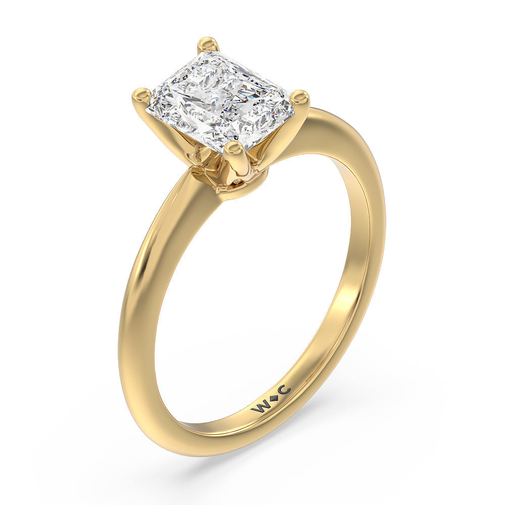 Noveau Four Prong Solitaire Engagement Ring with Radiant Cut Diamond in 14KT Yellow Gold view 3
