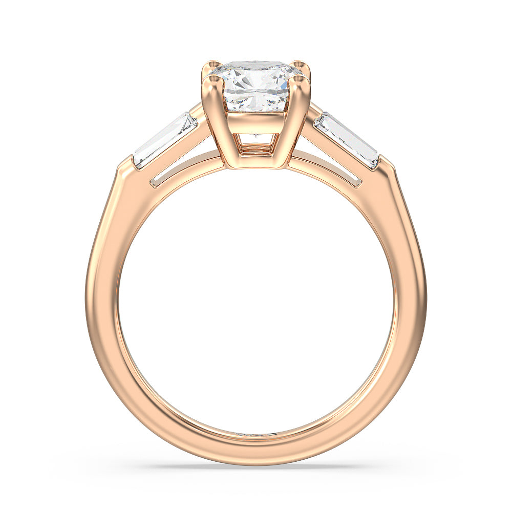 Cushion Cut Traditional Three Baguette Engagement Ring with Lab Grown Diamond in 14KT Rose Gold view 2
