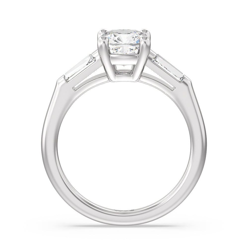 Cushion Cut Traditional Three Baguette Engagement Ring with Lab Grown Diamond in 14KT Platinum view 2

