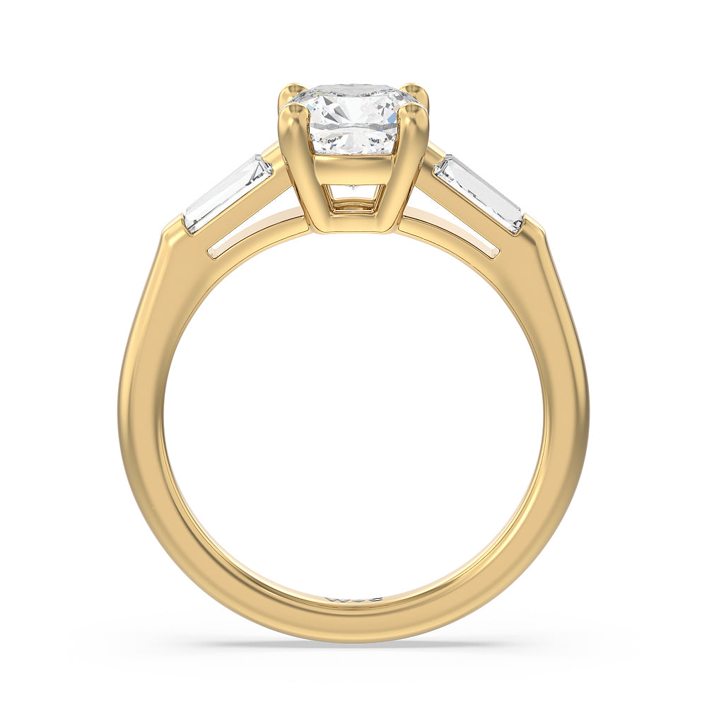 Cushion Cut Traditional Three Baguette Engagement Ring with Lab Grown Diamond in 14KT Yellow Gold view 2
