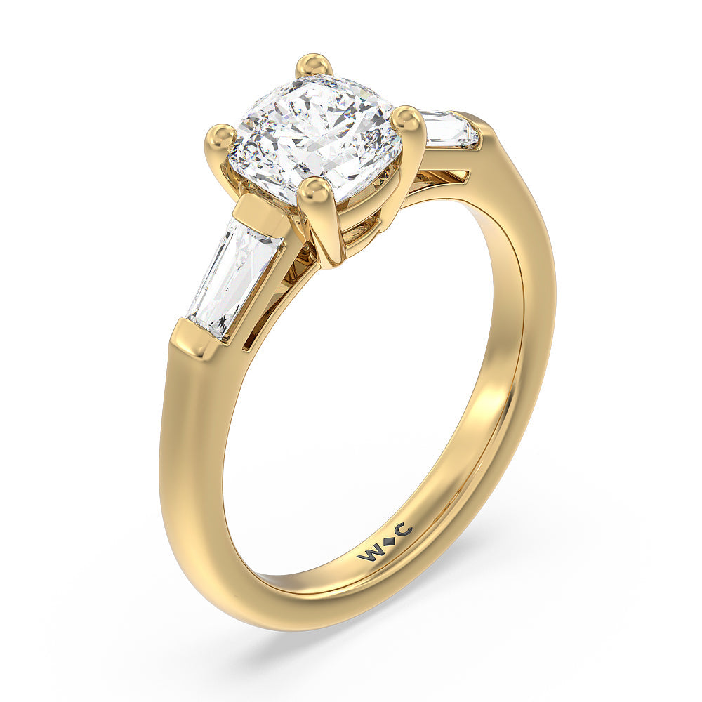 Cushion Cut Traditional Three Baguette Engagement Ring with Lab Grown Diamond in 14KT Yellow Gold view 3
