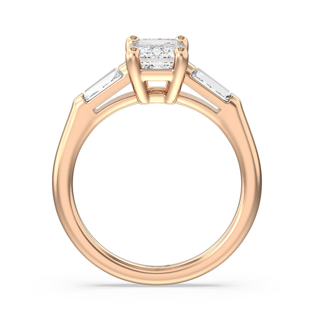 Emerald Cut Traditional Three Baguette Engagement Ring with Lab Grown Diamond in 14KT Rose Gold view 2
