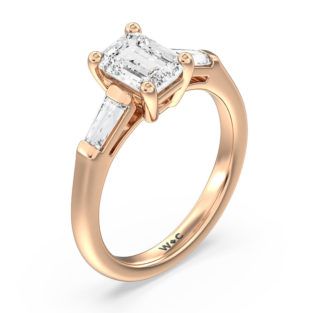 Emerald Cut Traditional Three Baguette Engagement Ring with Lab Grown Diamond in 14KT Rose Gold view 3
