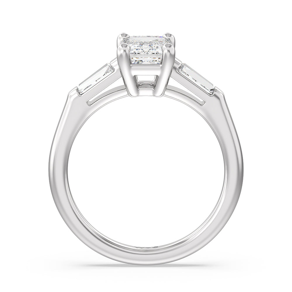 Emerald Cut Traditional Three Baguette Engagement Ring with Lab Grown Diamond in 14KT Platinum view 2
