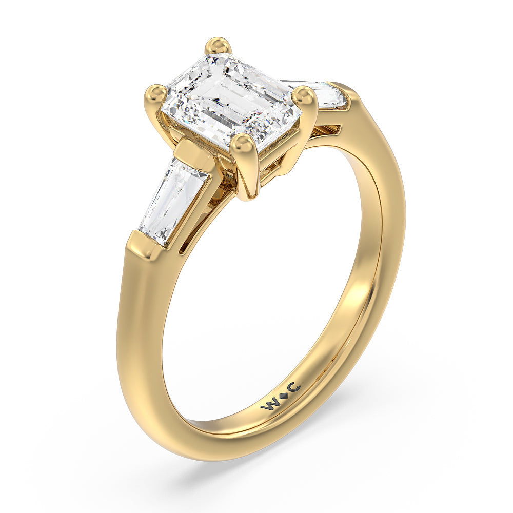 Traditional Three Baguette Engagement Ring with Emerald Cut Diamond in 14KT Yellow Gold view 3
