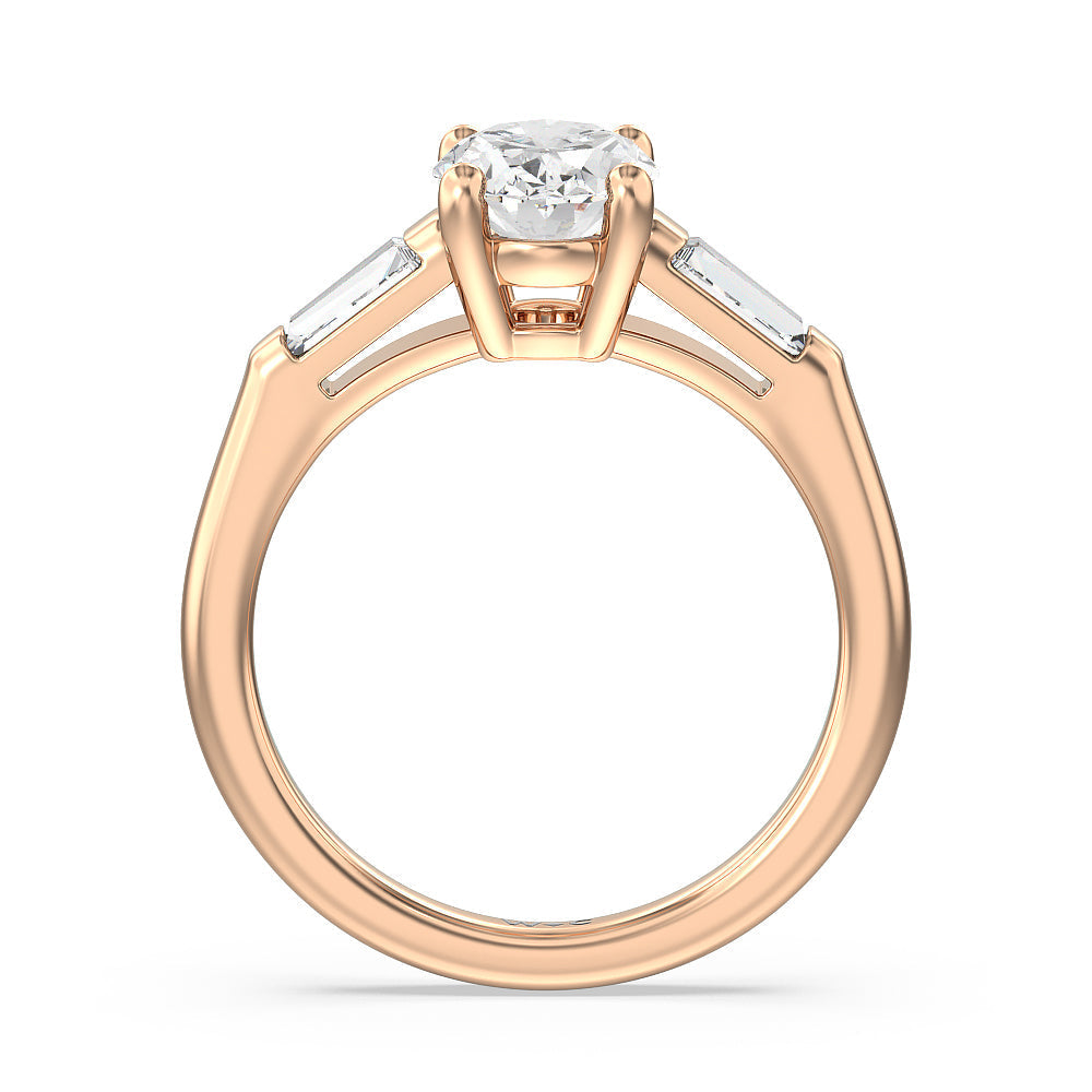 Oval Cut Traditional Three Baguette Engagement Ring with Lab Grown Diamond in 14KT Rose Gold view 2
