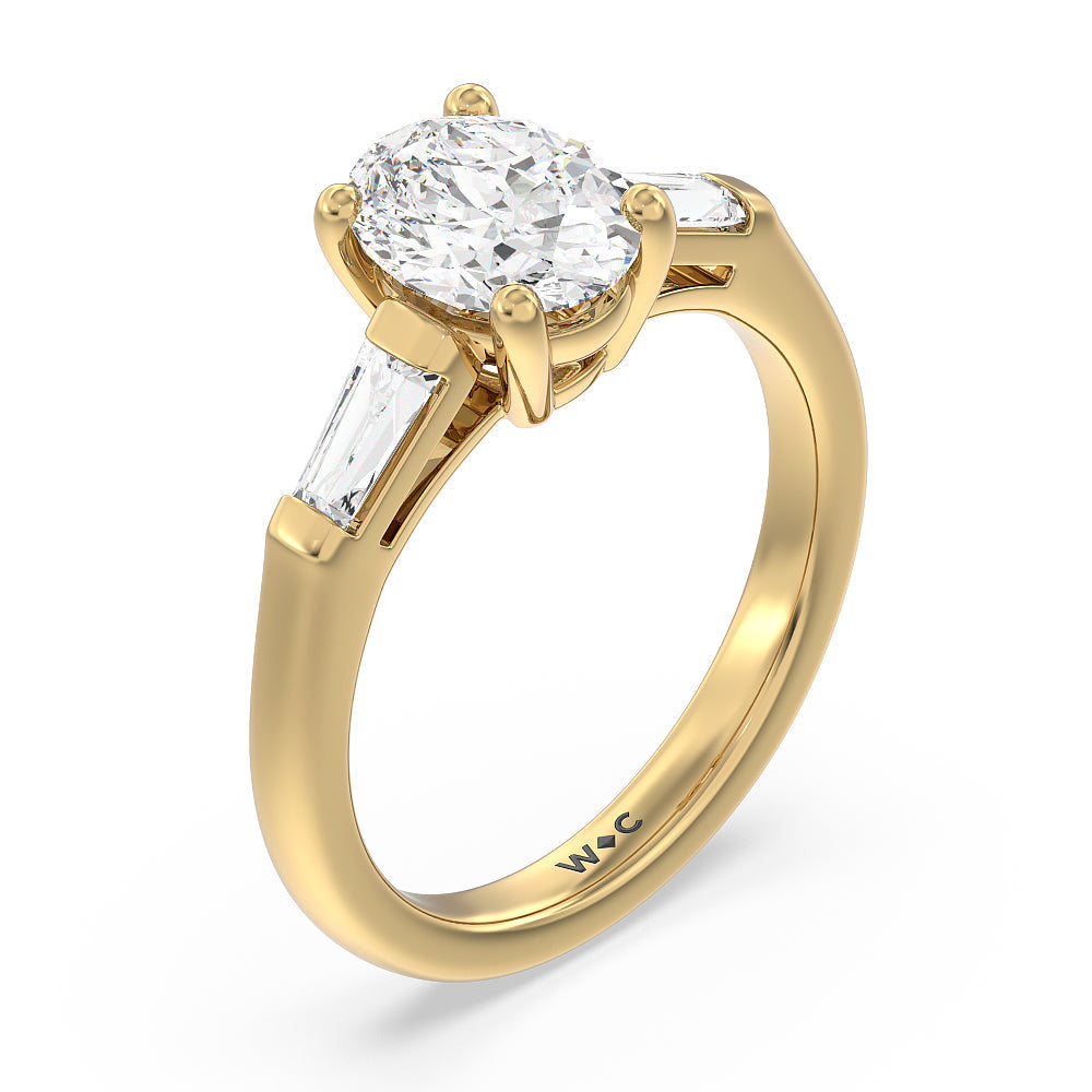 Oval Cut Traditional Three Baguette Engagement Ring with Lab Grown Diamond in 14KT Yellow Gold view 3
