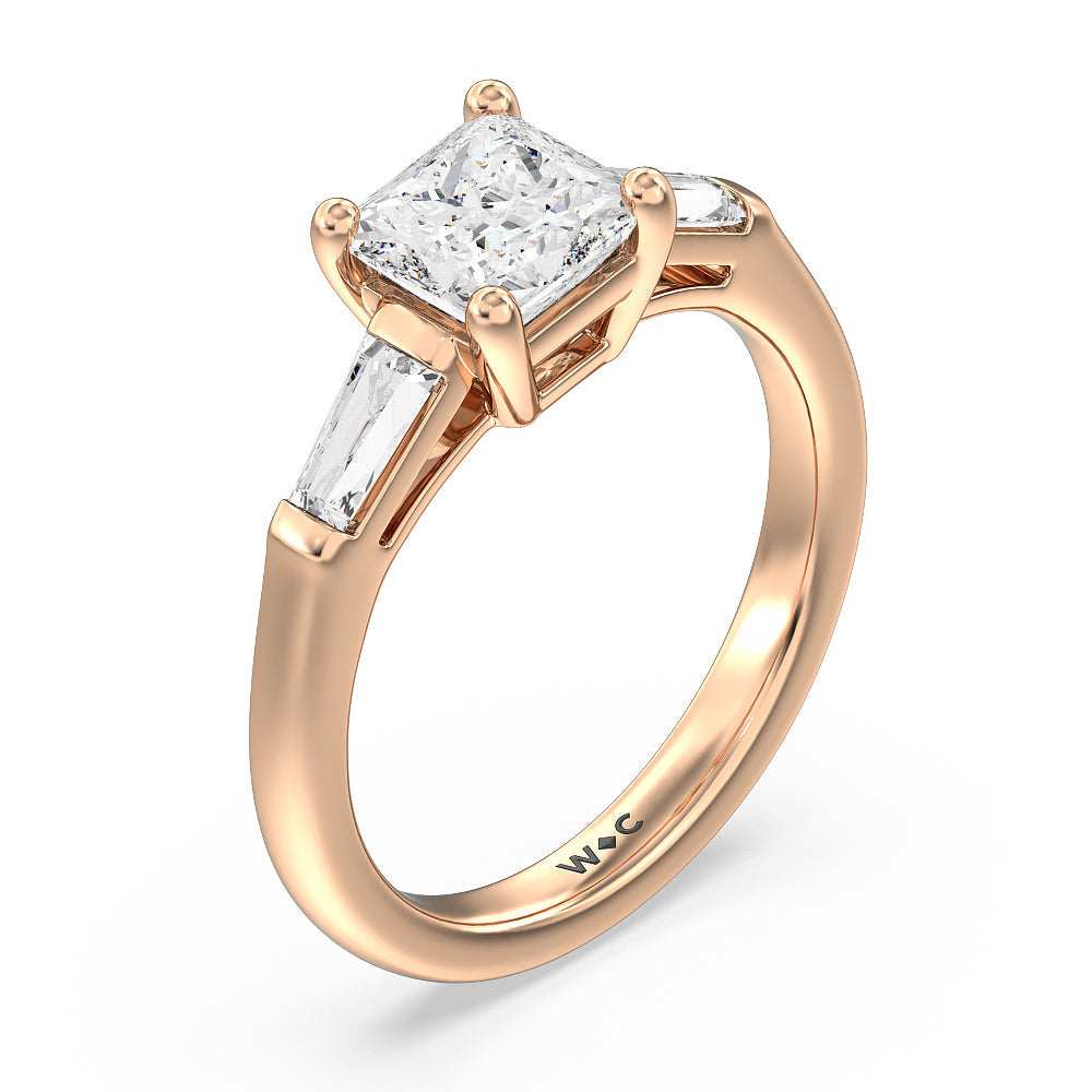 Princess Cut Traditional Three Baguette Engagement Ring with Lab Grown Diamond in 14KT Rose Gold view 3
