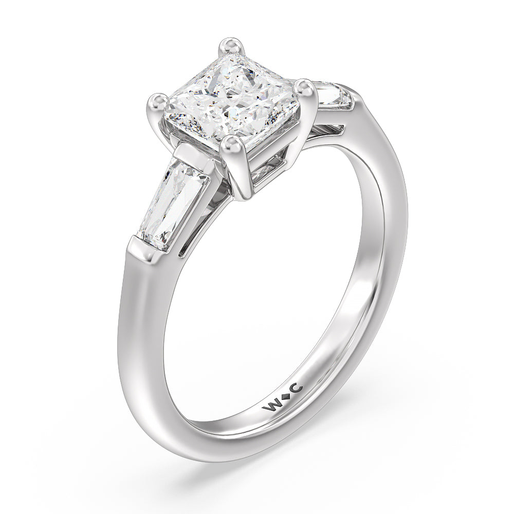Princess Cut Traditional Three Baguette Engagement Ring with Lab Grown Diamond in 14KT Platinum view 3
