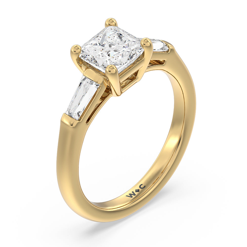 Traditional Three Baguette Engagement Ring with Princess Cut Diamond in 14KT Yellow Gold view 3
