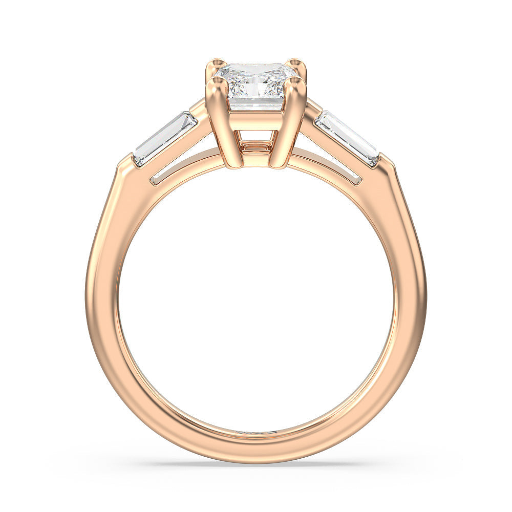Radiant Cut Traditional Three Baguette Engagement Ring with Lab Grown Diamond in 14KT Rose Gold view 2
