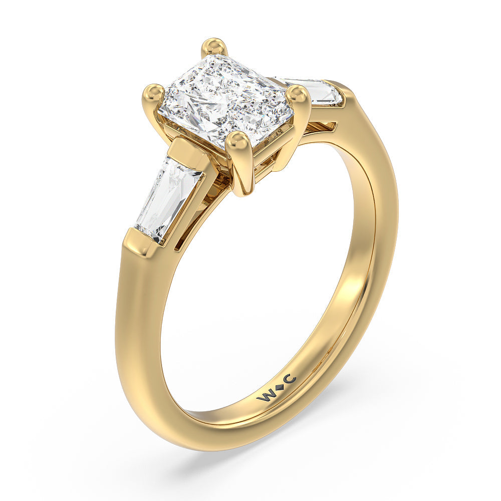 Traditional Three Baguette Engagement Ring with Radiant Cut Diamond in 14KT Yellow Gold view 3
