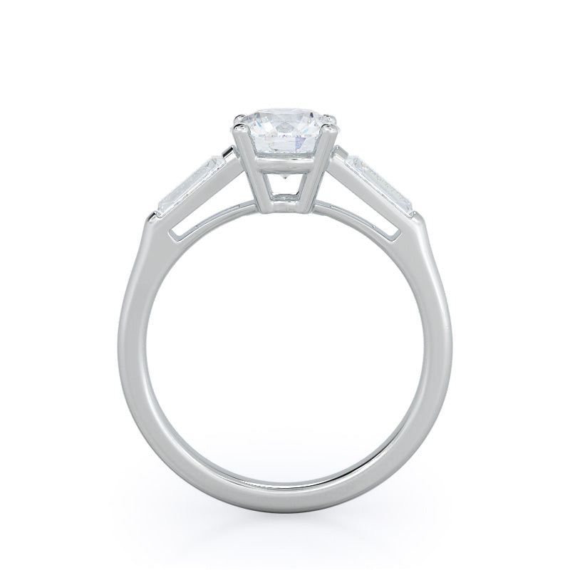 Round Cut Traditional Three Baguette Engagement Ring with Lab Grown Diamond in 14KT Platinum view 2
