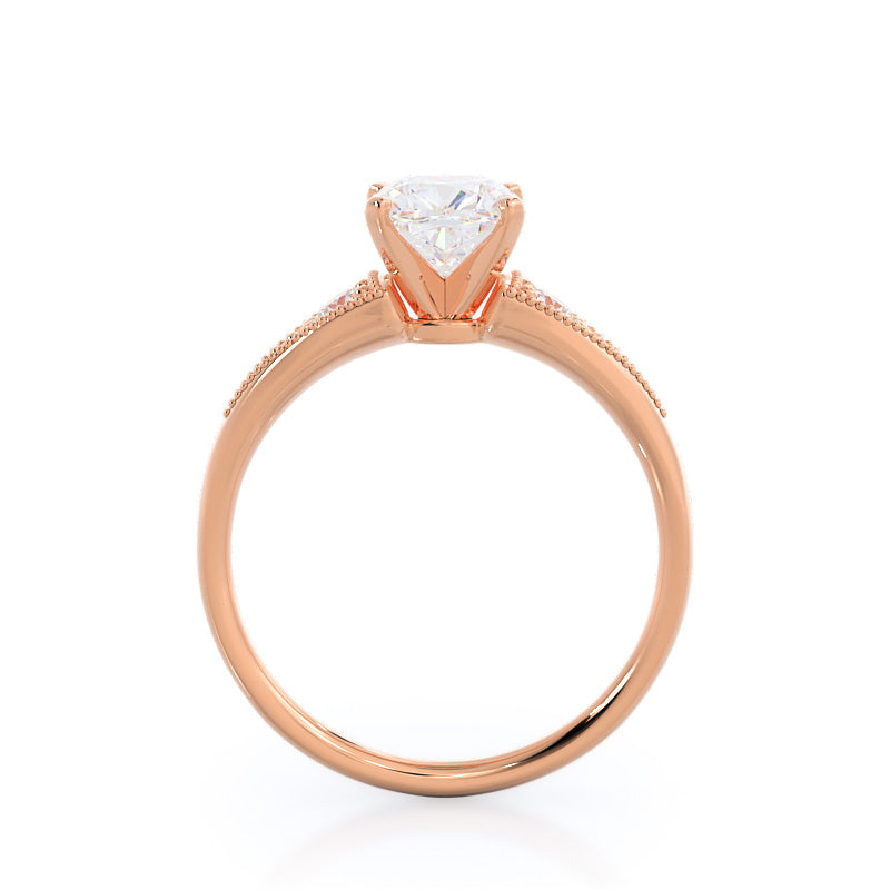 Heirloom Milgrain Diamond Engagement Ring with Cushion Cut Diamond in 14KT Rose Gold view 2
