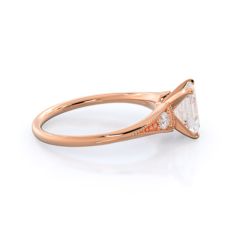 Heirloom Milgrain Diamond Engagement Ring with Emerald Cut Diamond in 14KT Rose Gold view 3
