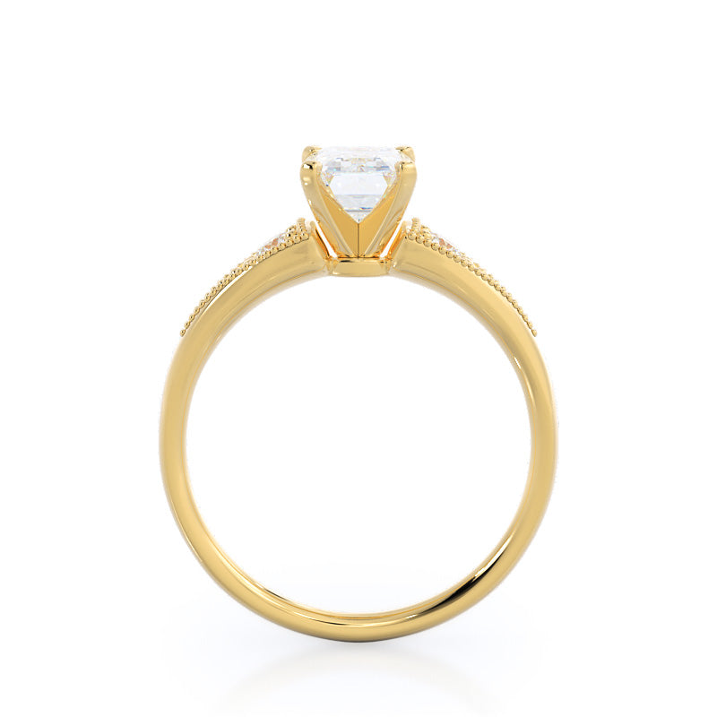 Heirloom Milgrain Diamond Engagement Ring with Emerald Cut Diamond in 14KT Yellow Gold view 2
