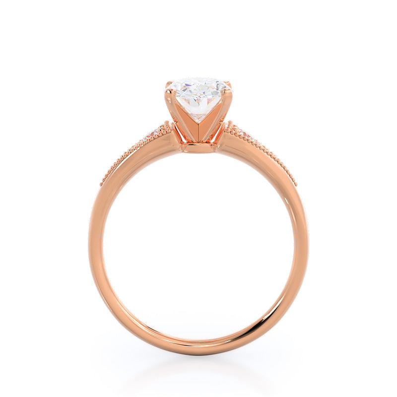 Heirloom Milgrain Diamond Engagement Ring with Oval Cut Diamond in 14KT Rose Gold view 2
