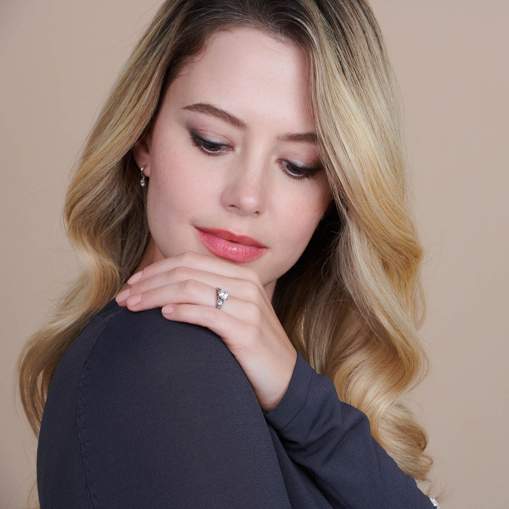 Model Wearing Heirloom Milgrain Diamond Engagement Ring view