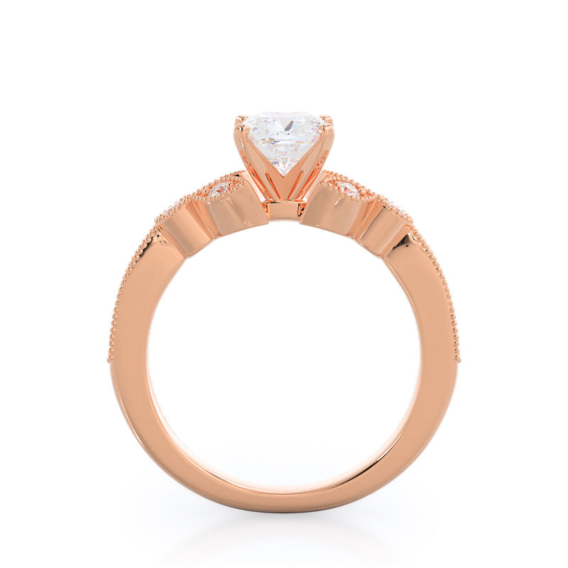 Cushion Cut Vintage Leaf Diamond Engagement Ring with Lab Grown Diamond in 14KT Rose Gold view 2
