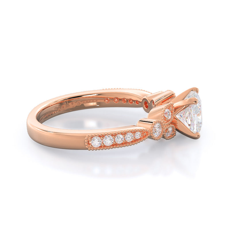 Cushion Cut Vintage Leaf Diamond Engagement Ring with Lab Grown Diamond in 14KT Rose Gold view 3
