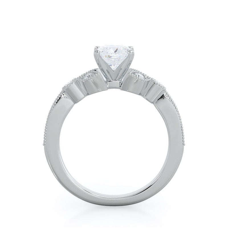 Cushion Cut Vintage Leaf Diamond Engagement Ring with Lab Grown Diamond in 14KT Platinum view 2
