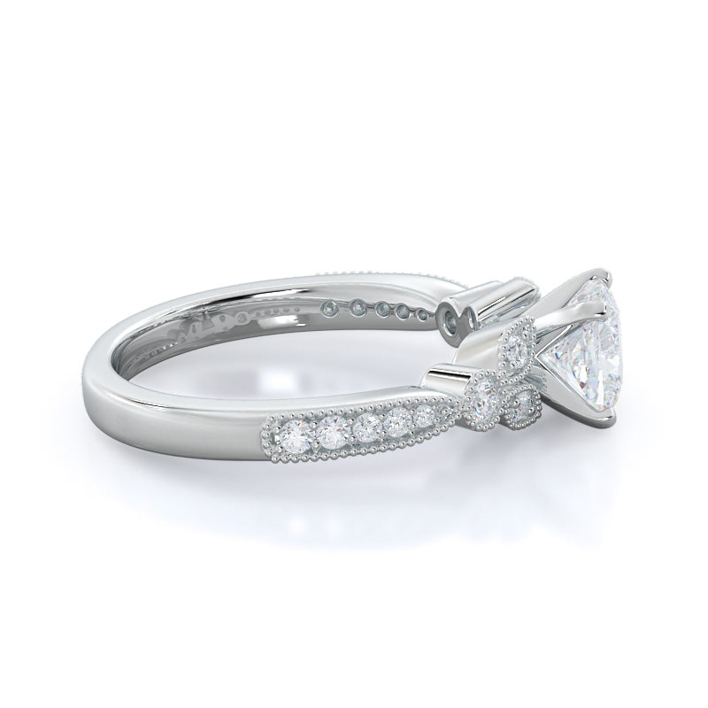 Cushion Cut Vintage Leaf Diamond Engagement Ring with Lab Grown Diamond in 14KT Platinum view 3
