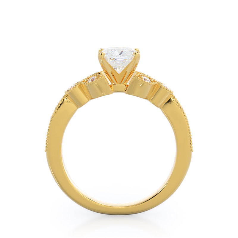 Cushion Cut Vintage Leaf Diamond Engagement Ring with Lab Grown Diamond in 14KT Yellow Gold view 2
