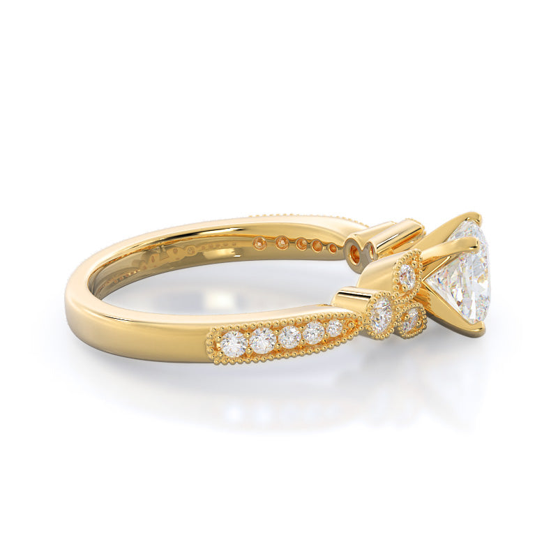 Cushion Cut Vintage Leaf Diamond Engagement Ring with Lab Grown Diamond in 14KT Yellow Gold view 3

