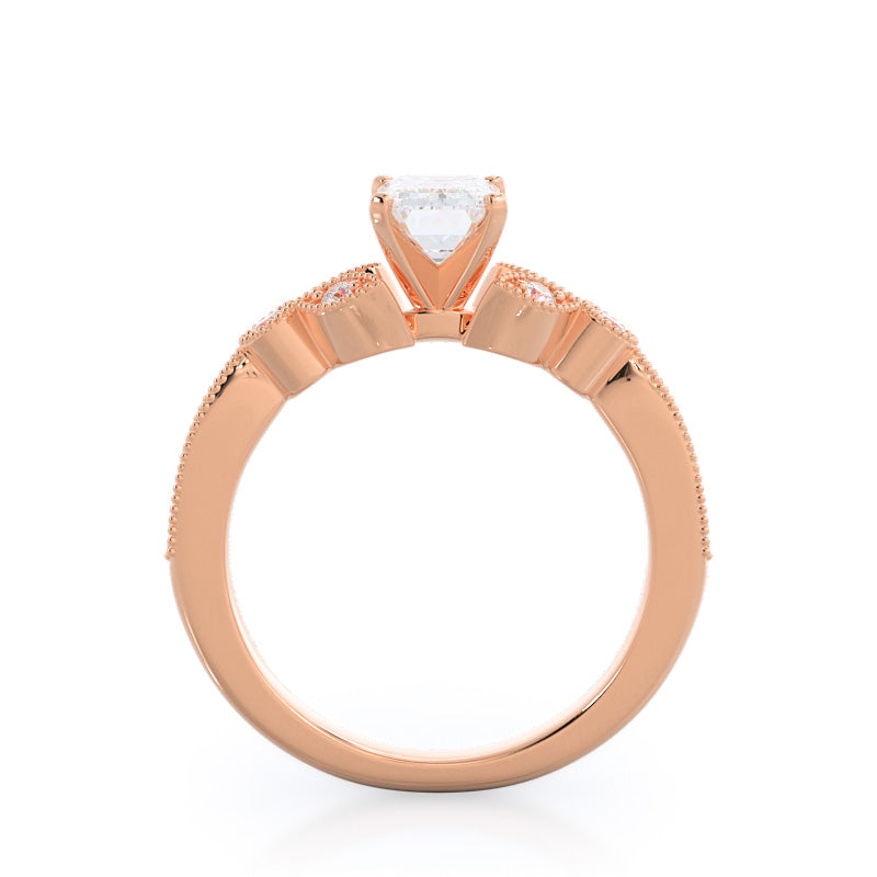 Emerald Cut Vintage Leaf Diamond Engagement Ring with Lab Grown Diamond in 14KT Rose Gold view 2
