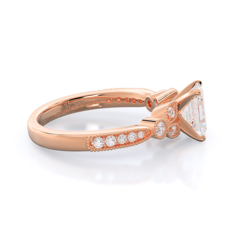 Emerald Cut Vintage Leaf Diamond Engagement Ring with Lab Grown Diamond in 14KT Rose Gold view 3
