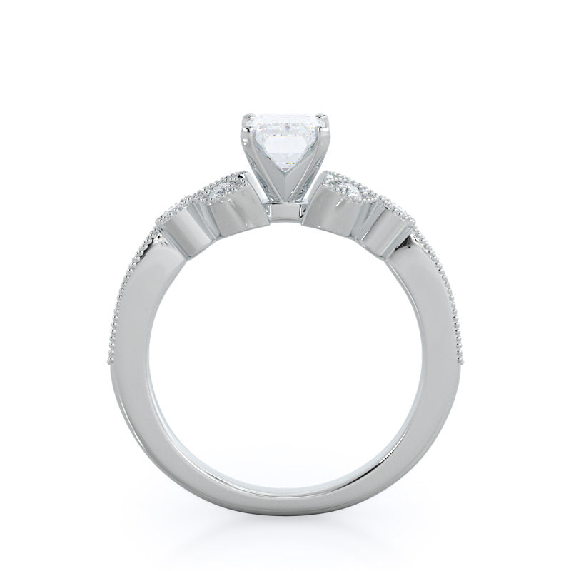 Emerald Cut Vintage Leaf Diamond Engagement Ring with Lab Grown Diamond in 14KT Platinum view 2
