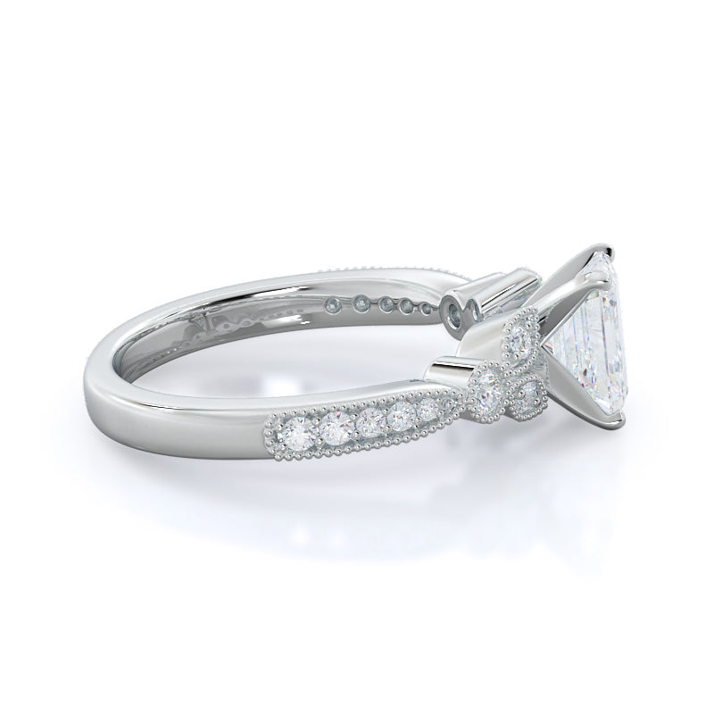 Emerald Cut Vintage Leaf Diamond Engagement Ring with Lab Grown Diamond in 14KT Platinum view 3
