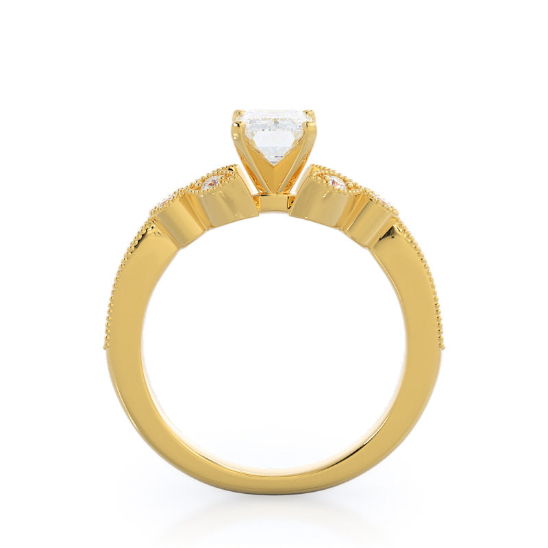 Emerald Cut Vintage Leaf Diamond Engagement Ring with Lab Grown Diamond in 14KT Yellow Gold view 2
