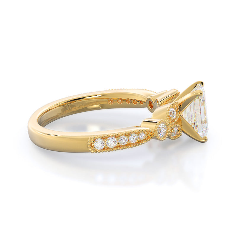 Emerald Cut Vintage Leaf Diamond Engagement Ring with Lab Grown Diamond in 14KT Yellow Gold view 3

