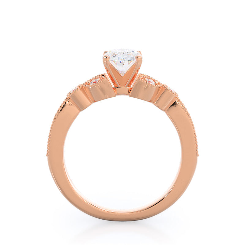 Oval Cut Vintage Leaf Diamond Engagement Ring with Lab Grown Diamond in 14KT Rose Gold view 2
