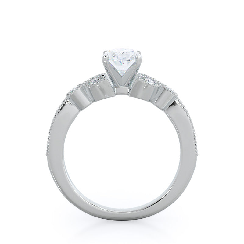 Oval Cut Vintage Leaf Diamond Engagement Ring with Lab Grown Diamond in 14KT Platinum view 2
