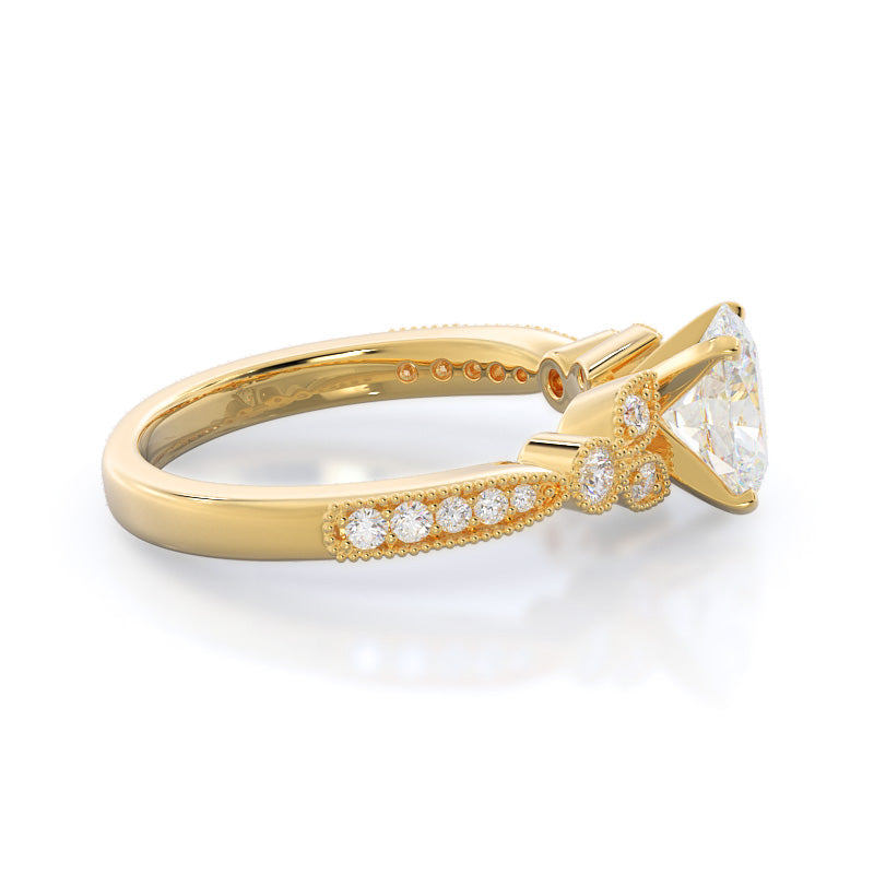 Oval Cut Vintage Leaf Diamond Engagement Ring with Lab Grown Diamond in 14KT Yellow Gold view 3

