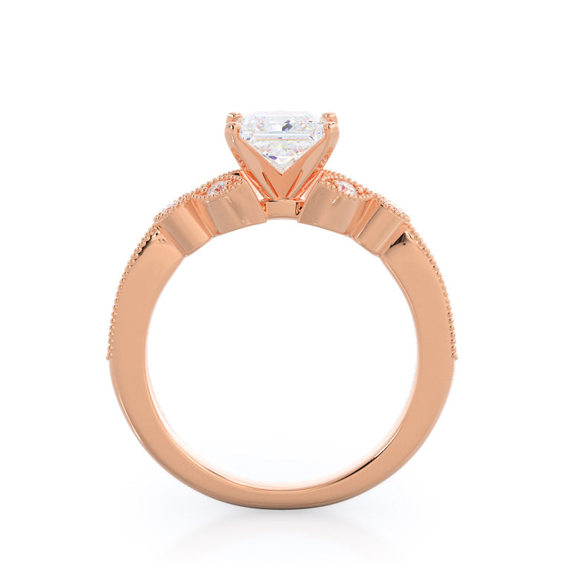 Princess Cut Vintage Leaf Diamond Engagement Ring with Lab Grown Diamond in 14KT Rose Gold view 2
