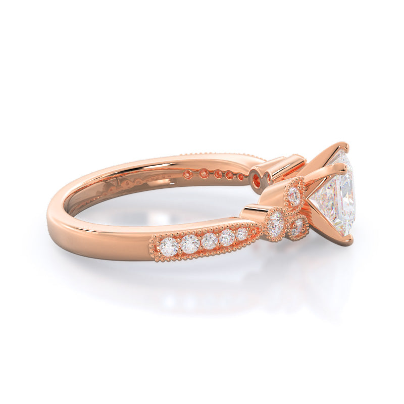 Princess Cut Vintage Leaf Diamond Engagement Ring with Lab Grown Diamond in 14KT Rose Gold view 3
