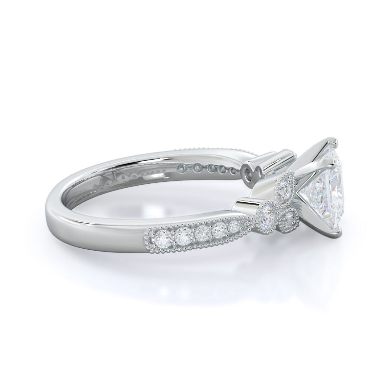 Princess Cut Vintage Leaf Diamond Engagement Ring with Lab Grown Diamond in 14KT Platinum view 3
