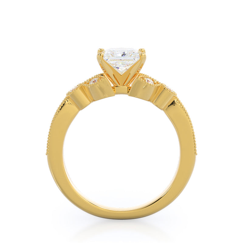 Princess Cut Vintage Leaf Diamond Engagement Ring with Lab Grown Diamond in 14KT Yellow Gold view 2
